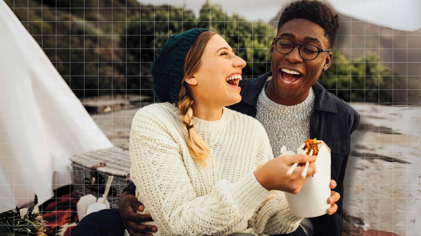 Couple on first date, smiling, comliment 