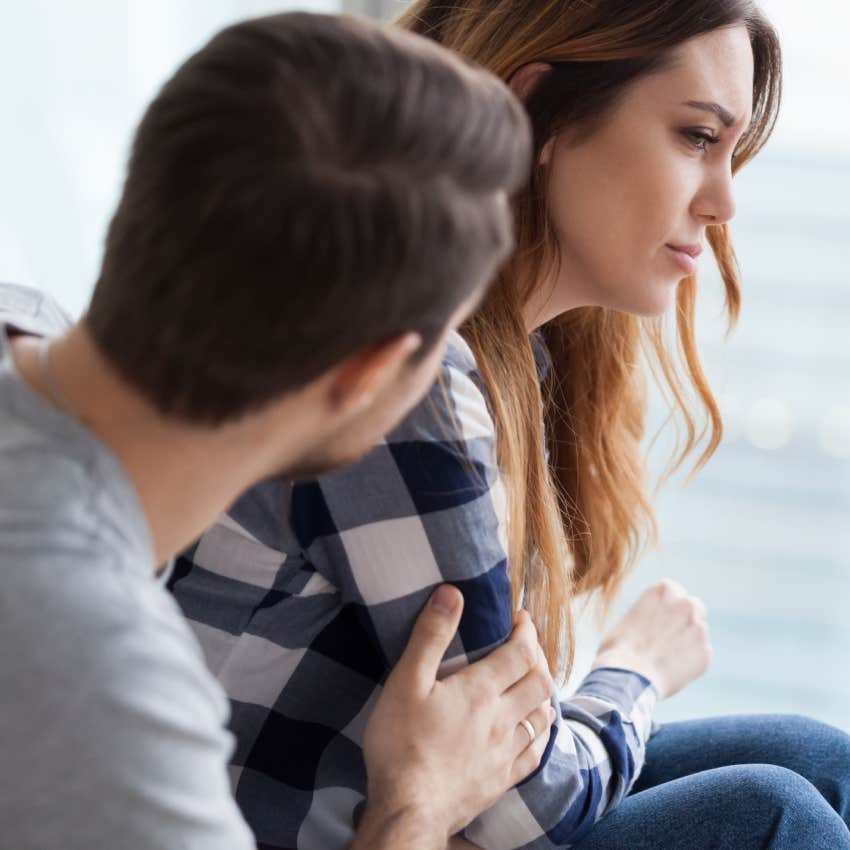 Loving husband comfort upset offended wife