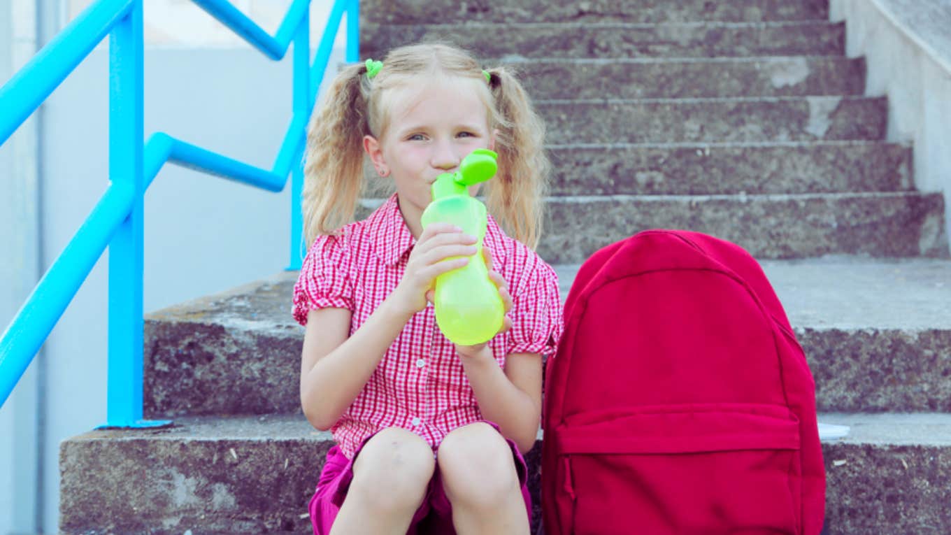 kindergarten, little girl, water bottle 