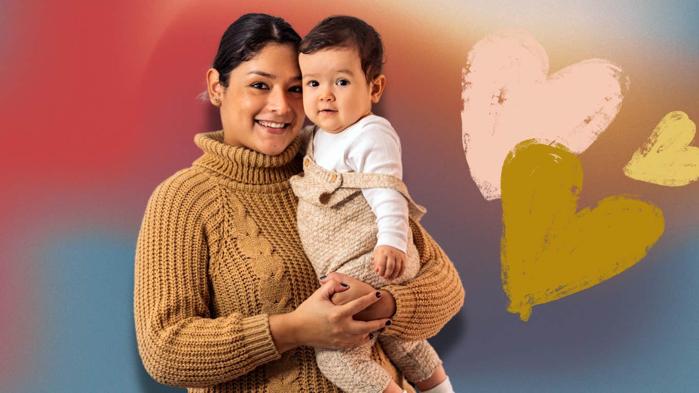 How to make your life as a mom go smoother Mom and baby taking it smoother, both with black hair, in front of natural colors and hearts