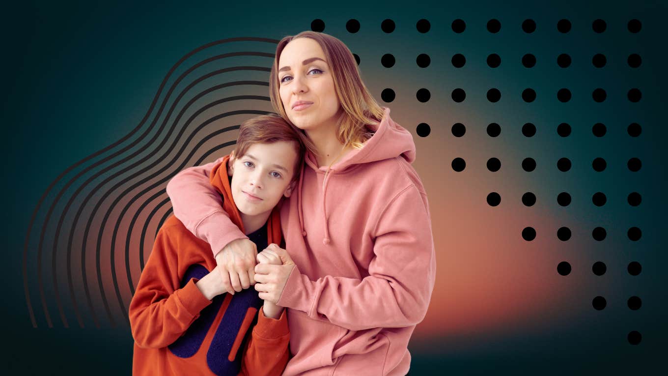 Mom and son embracing, ready to talk, in front of a dark sunset