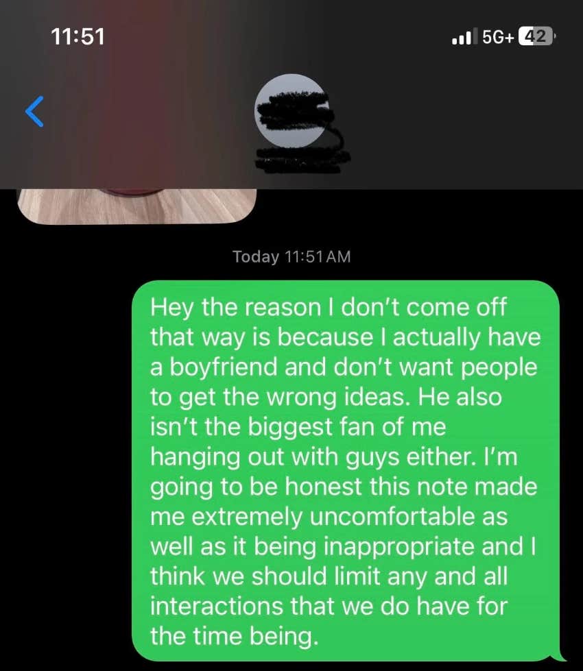 Screenshot of text to 43-year-old co-worker who sent a love letter