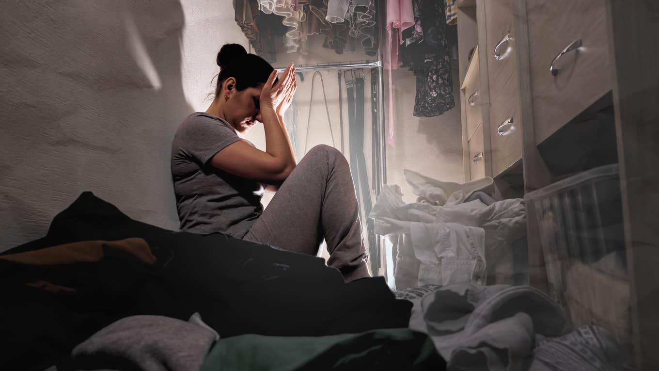 A Sign You Grew Up In An Unsafe Family Environment Woman in her closet, releasing emotions in a safe solitude- sign you grew up in an unsafe family environment