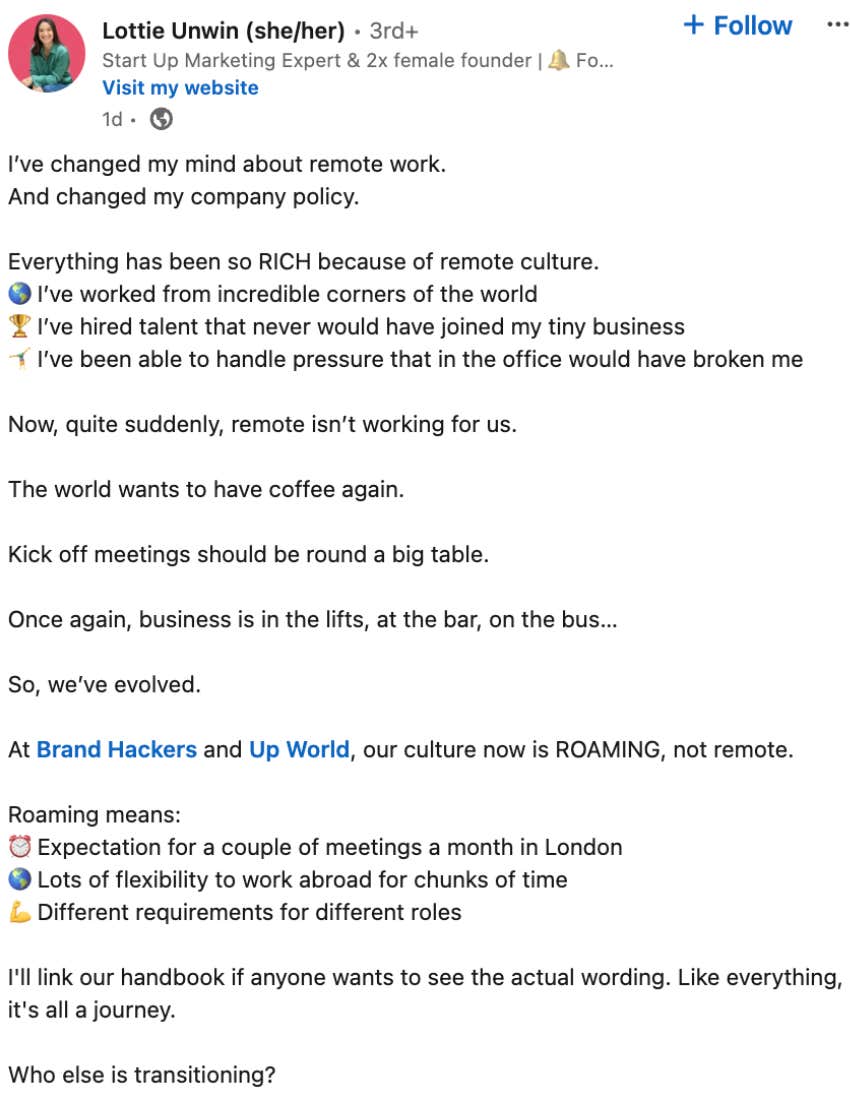 lottie unwin's linkedin post about why she changed her mind about remote work