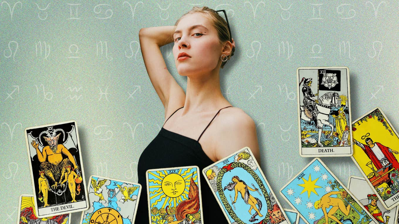 Each Zodiac Sign's Tarot Horoscope For May 21, 2024 woman with zodiac signs and tarot cards for horoscope may 21, 2024