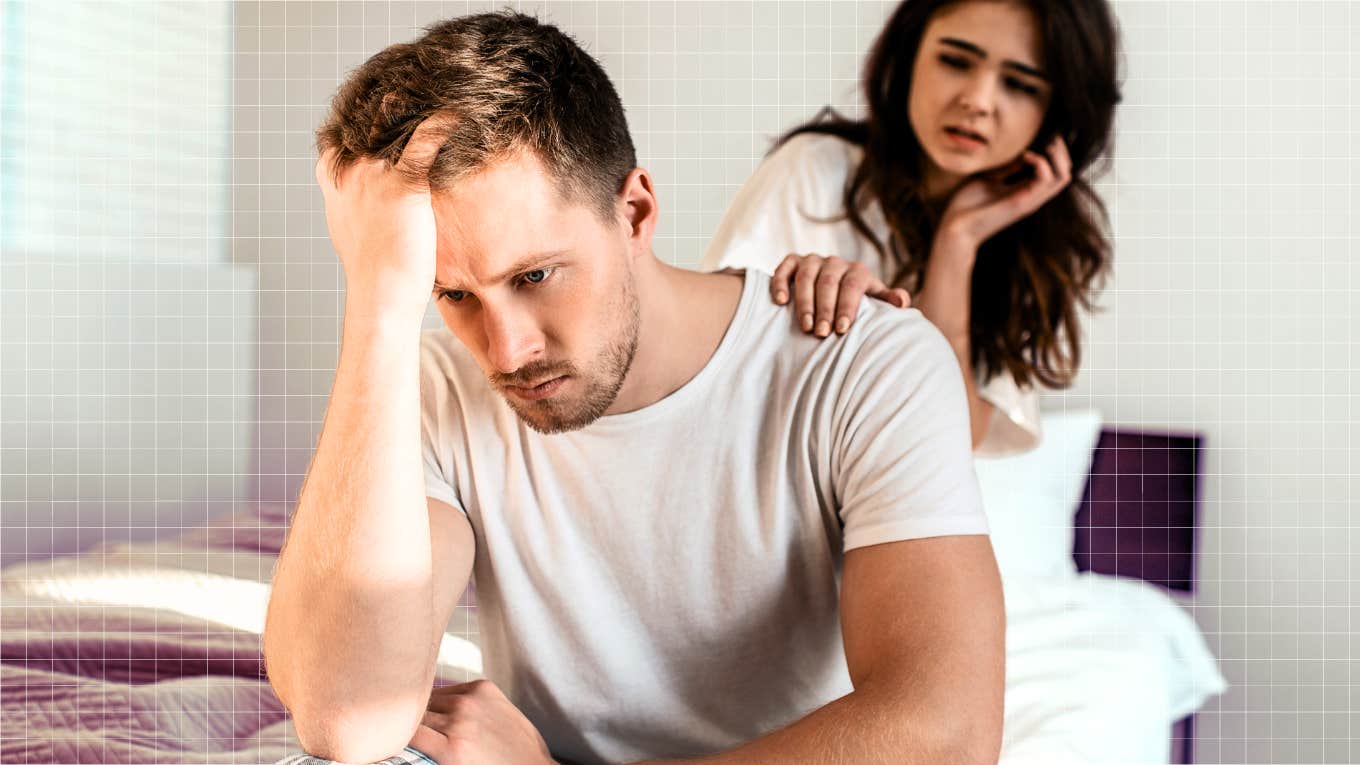 Insecure man in relationship, partner touching his shoulder