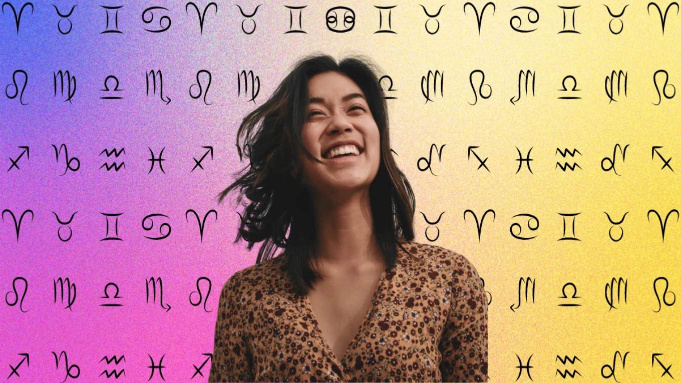 smiling happy woman with zodiac symbols