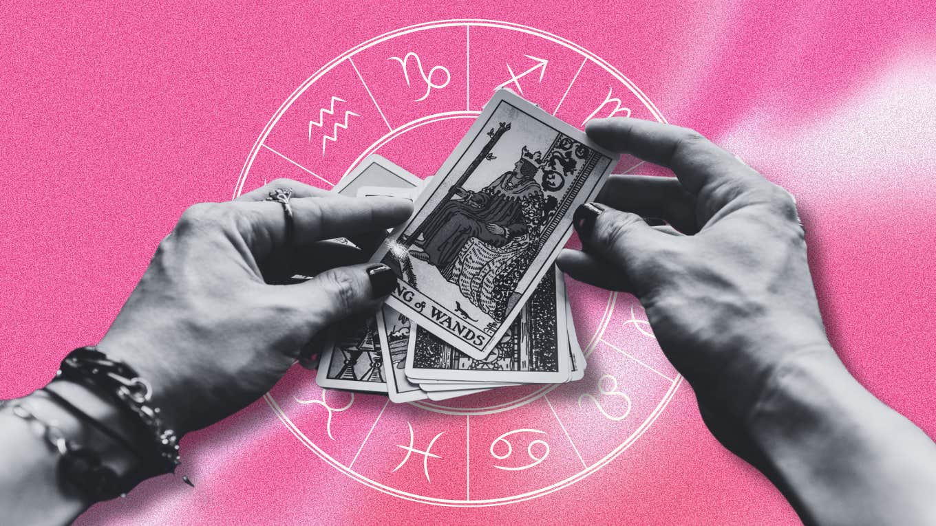 Each Zodiac Sign's Weekly Tarot Card Reading For June 3-9, 2024 hands holding tarot cards and zodiac wheel