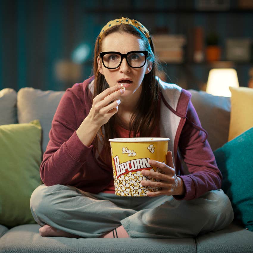woman binge-watching TV