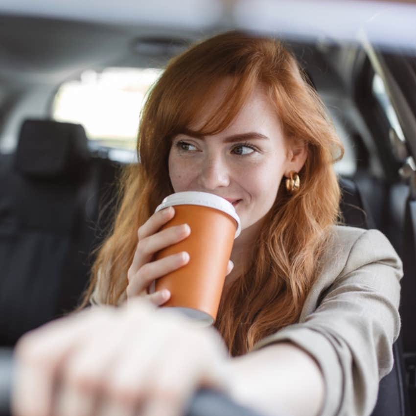 woman, car, coffee