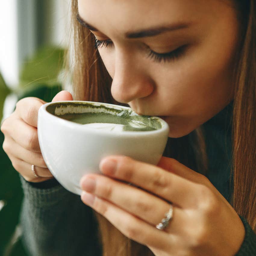 woman drinking matcha tea