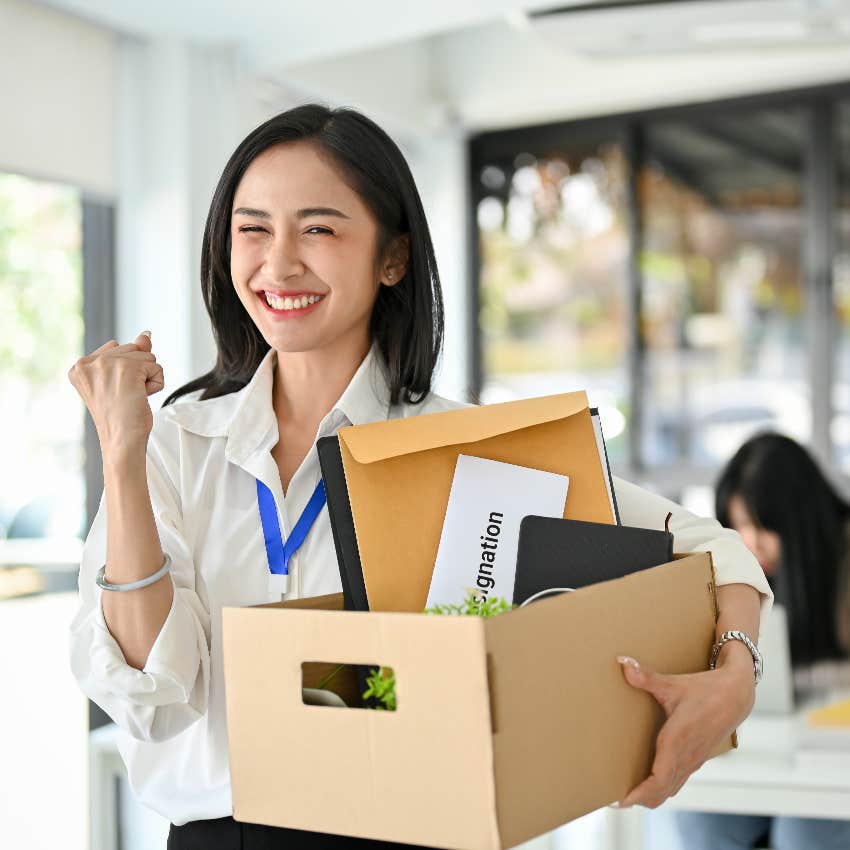 Woman happy to be quitting her job