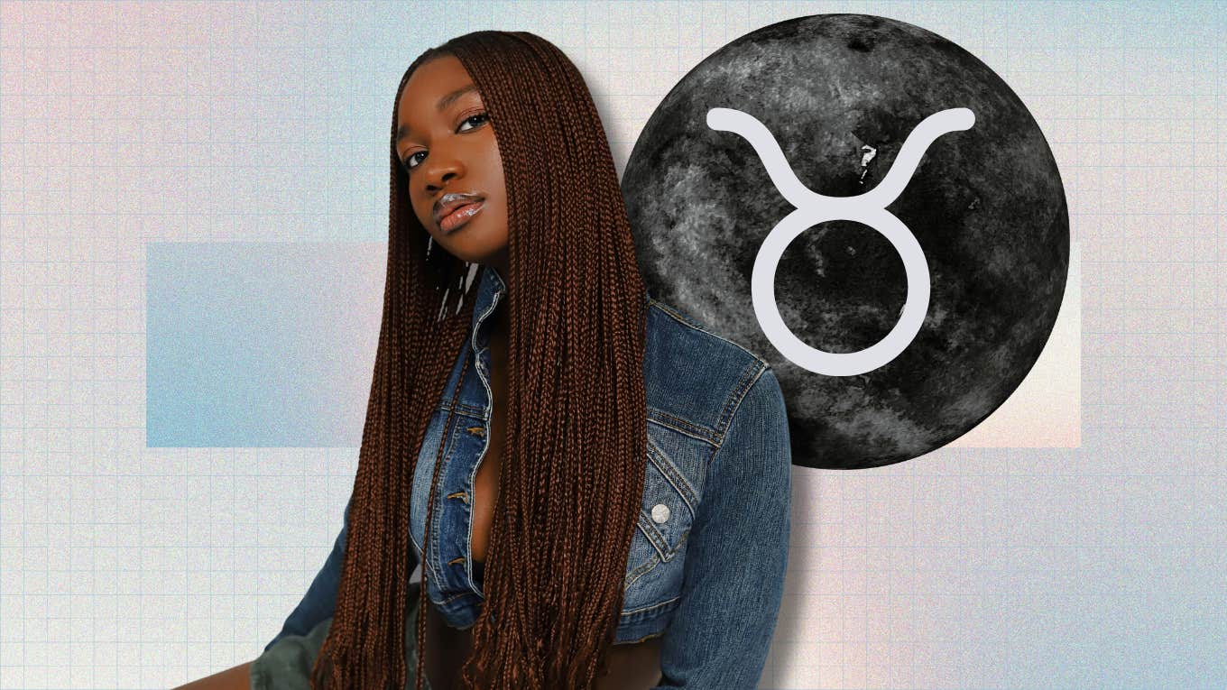 woman next to new moon with taurus symbol