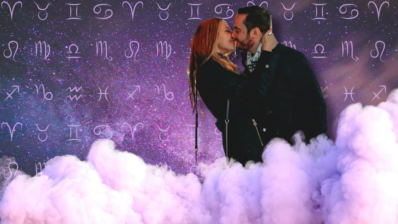 Astrology Modality Compatibility For All Zodiac Elements couple kissing in clouds in front of zodiac sign
