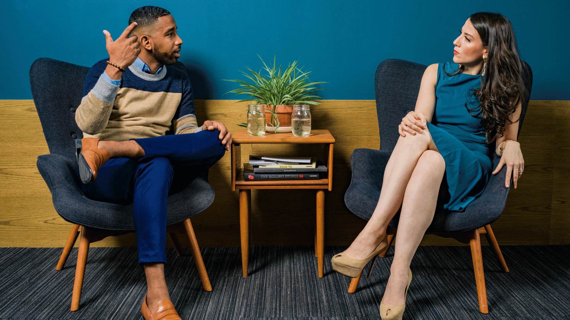 man talking to woman clearly