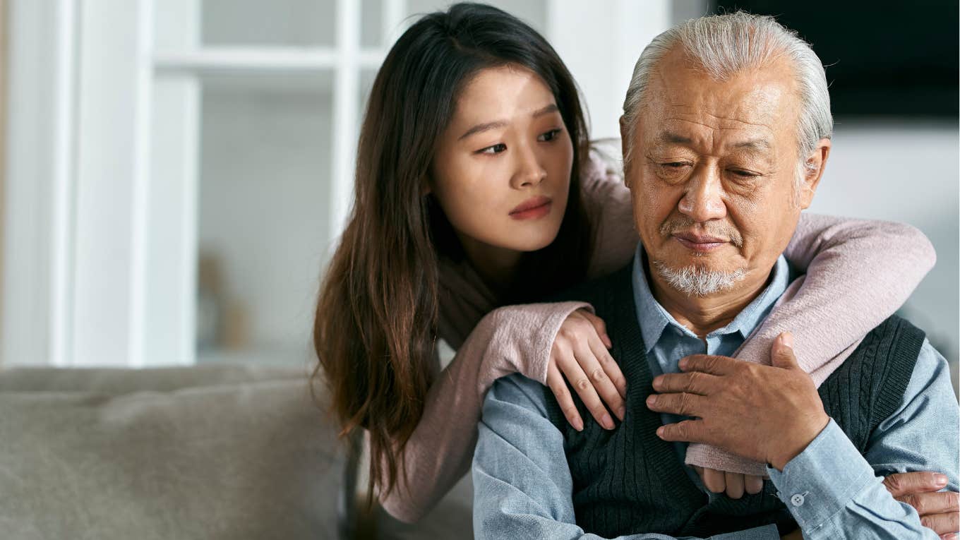 5 Ways Narcissist Parents Justify Financially & Emotionally Abandoning Their Kids Adult woman hugging her narcissist father.