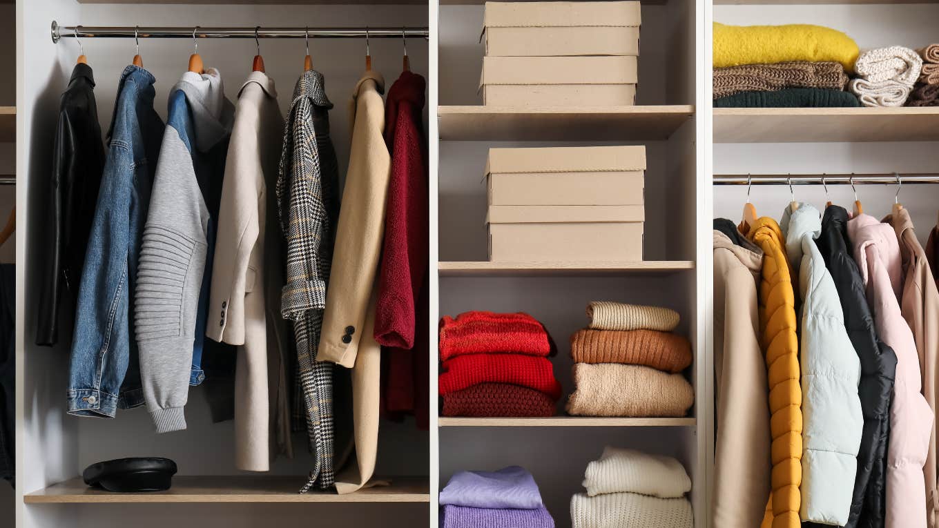 Husband Discovered Wife Cheated On Him closet with winter coats, sweaters and boxes