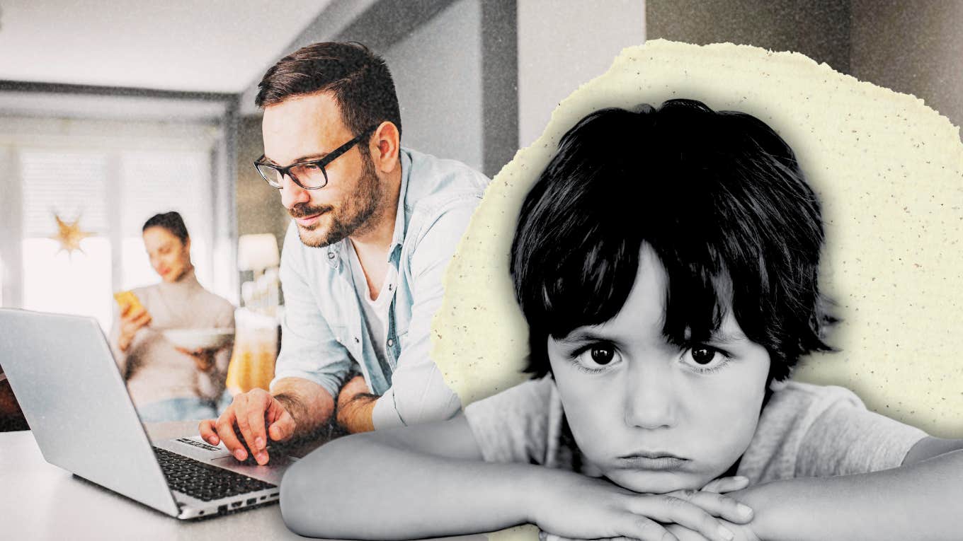 The Impact Of Remote Work On My Children Confused child laying on hands while parents both work remotely behind him