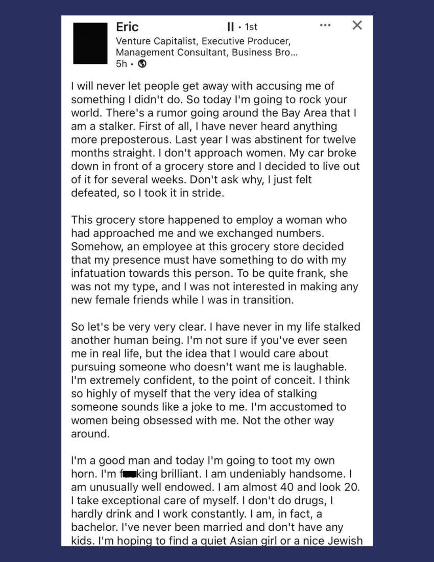 LinkedIn post from man addressing his stalker rumors