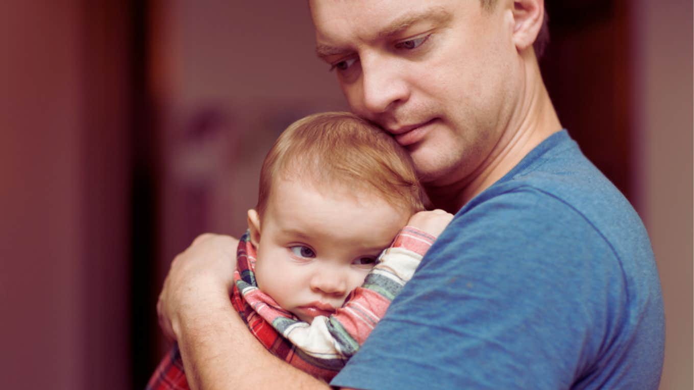 Man Frustrated That His Wife Unloaded Their Baby And Chores On Him During His Time Off From Work new dad, overwhelmed, baby