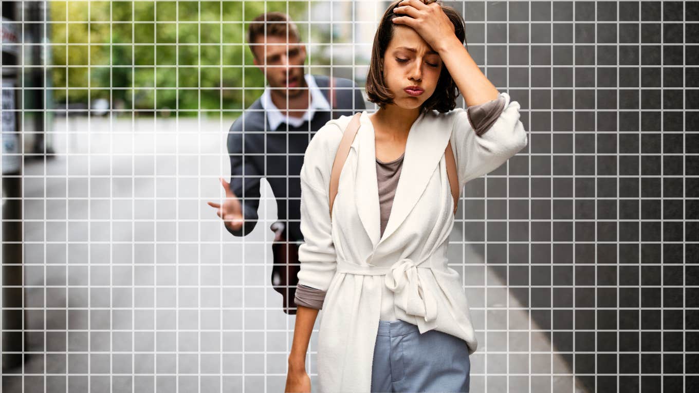 Woman breaking up with her boyfriend, walking away