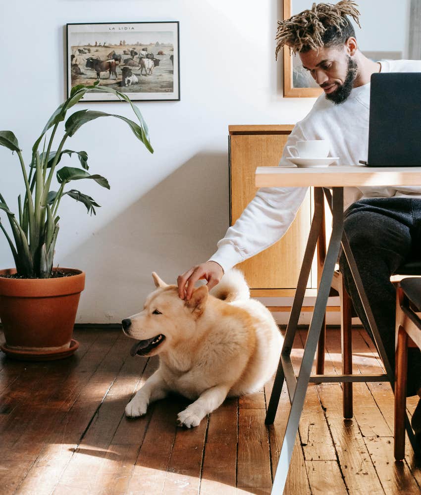 man petting his dog