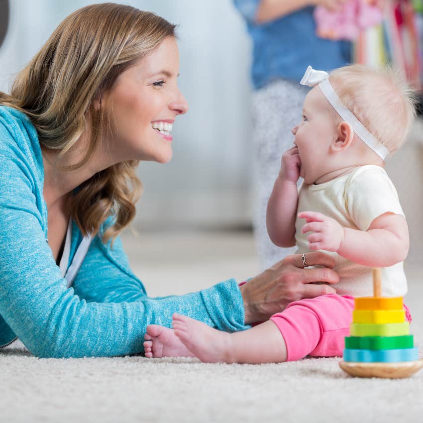 baby talking to mom
