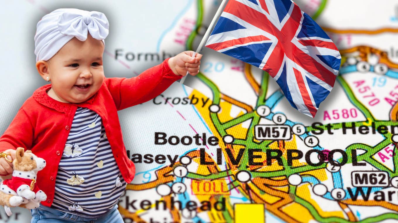 Why Scouse Baby Already Has A Liverpool Accent, According To Child Development Experts baby with British flag and Liverpool map