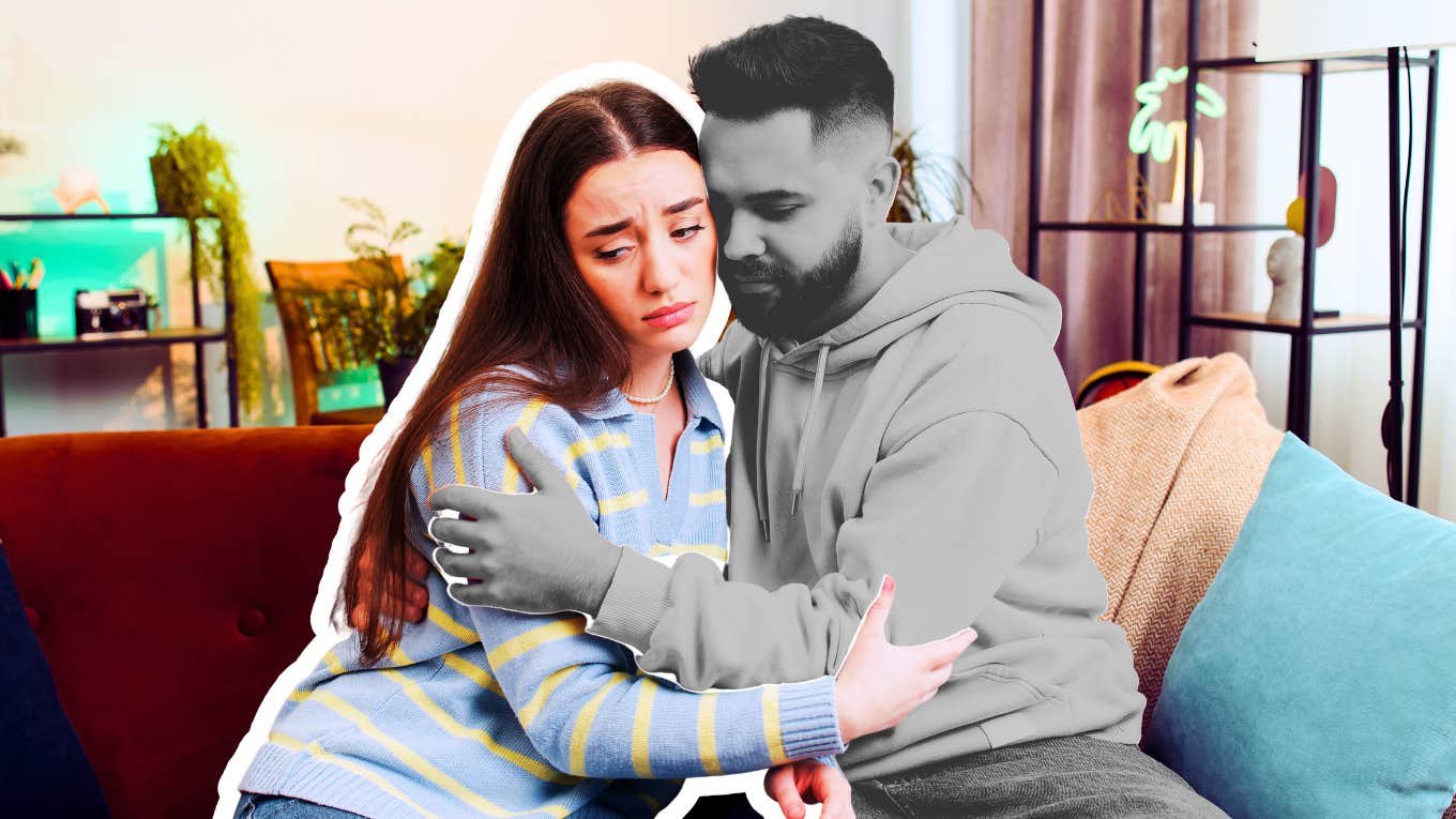 Couple hugging awkwardly, not wanting to stay in relationship