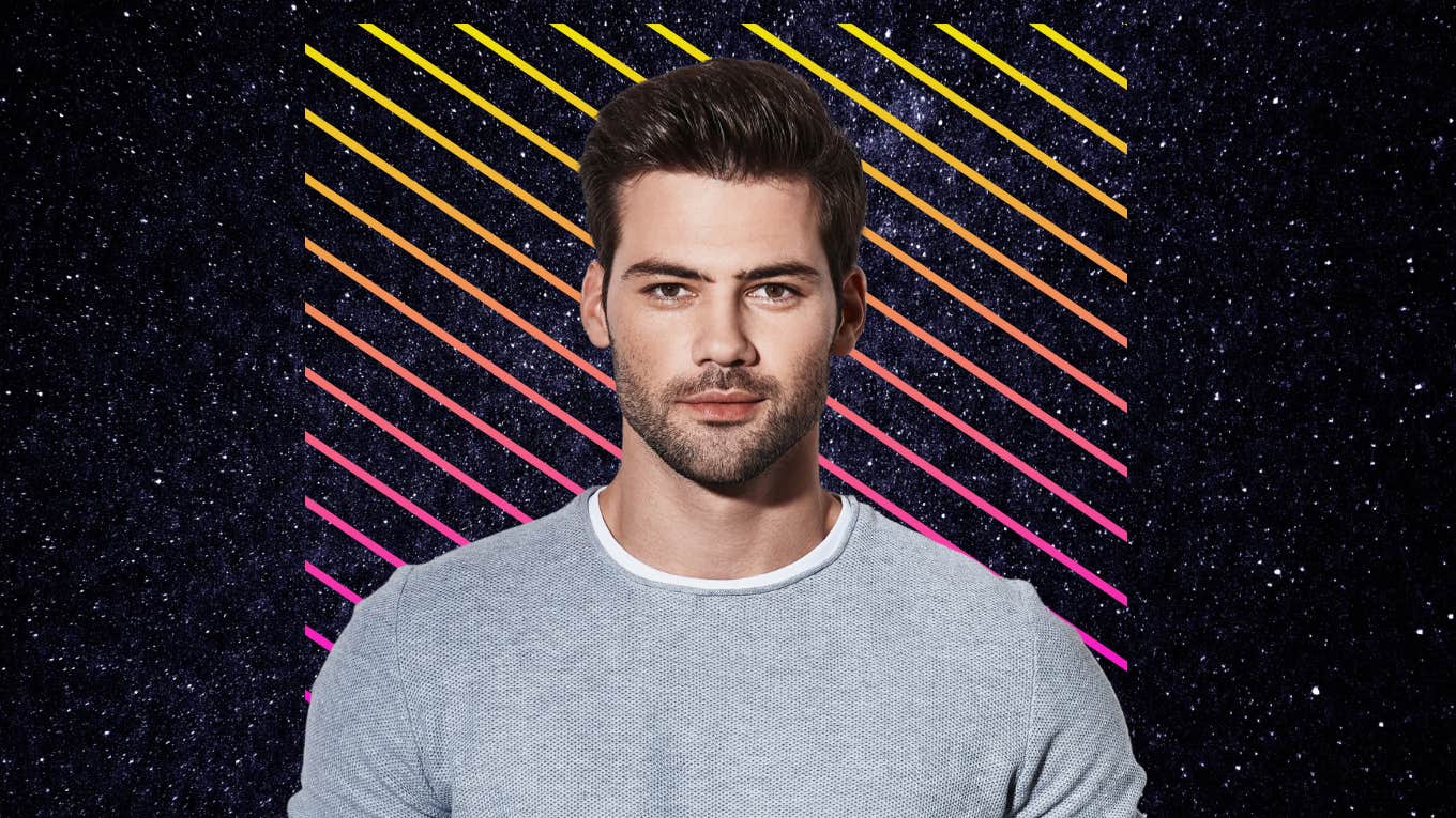 Tool used by manipulative men to get women addicted to them Manipulative handsome man looking in camera in front of colorful background