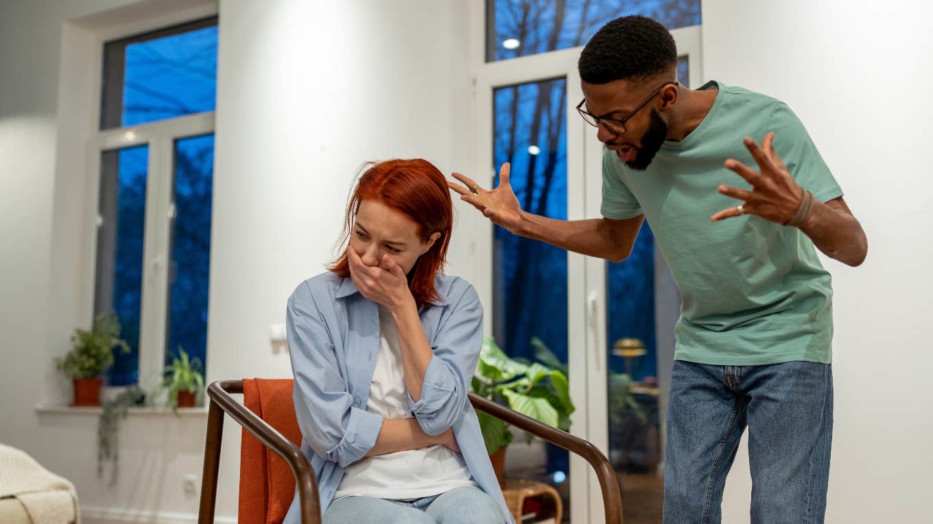 Woman Asks How To Confront Her Boyfriend’s 'Extreme' & 'Disrespectful' Views About Women man yells at emotional girlfriend in apartment