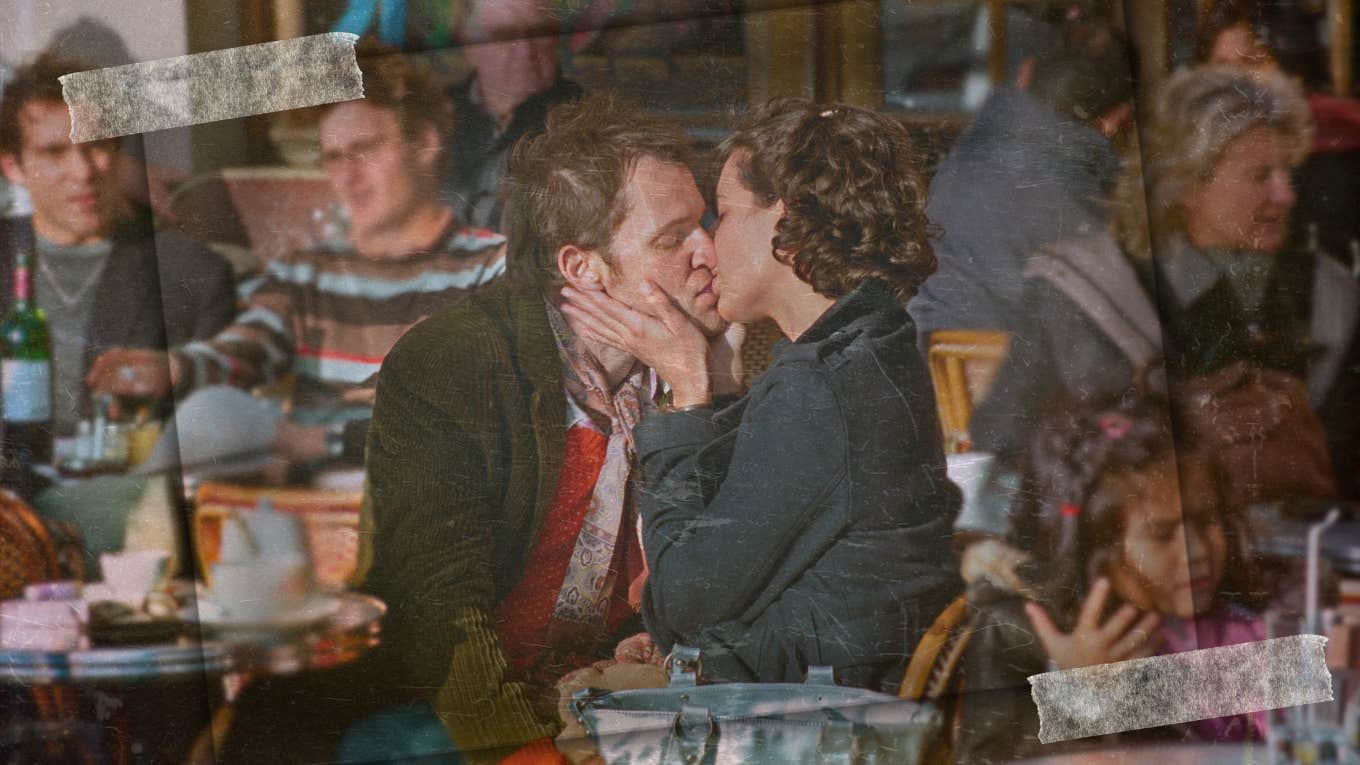 Woman meets a man at a local cafe.