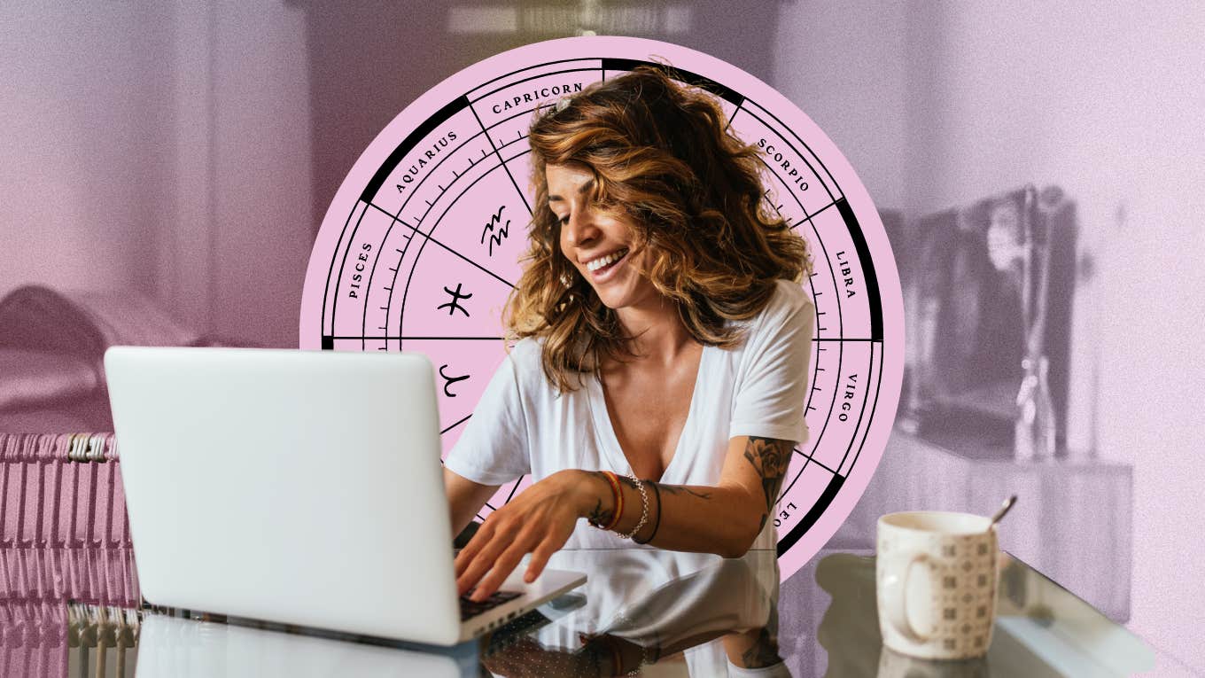 Career Houses In Astrology career-oriented woman working with astrology house wheel behind her