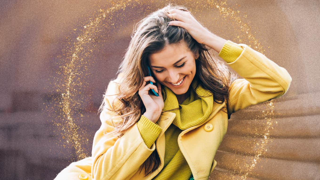 Woman on the phone answers deep questions because she is falling in love online.