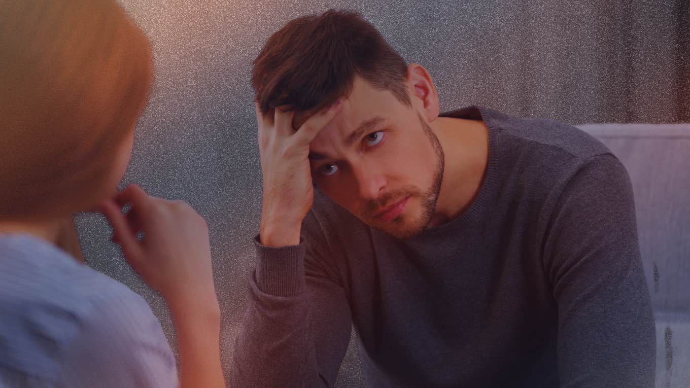 Guy who is losing interest sits in front of a girl who is unknowingly doing things that make him less interested.