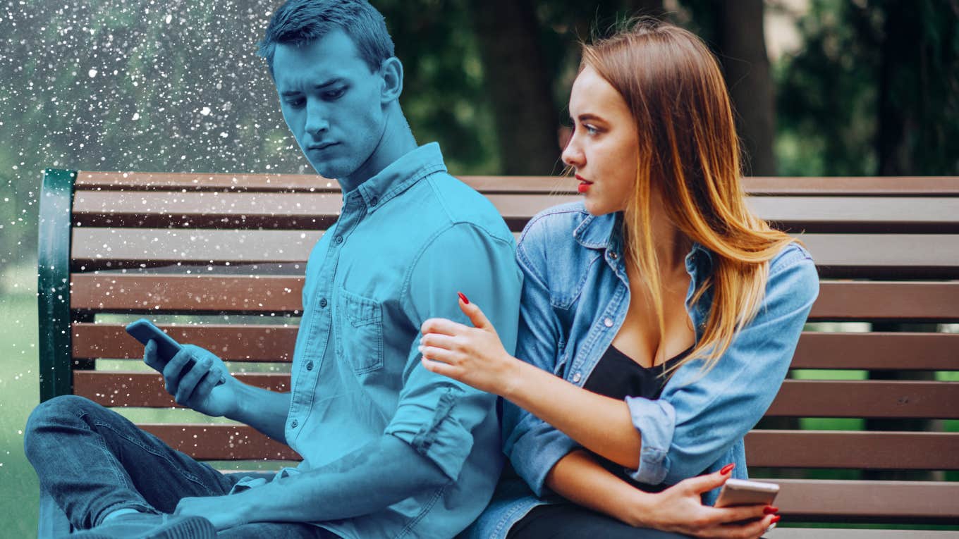 What It Means If He's Giving You The Cold Shoulder — And How To Make Him Want You Again Man giving woman the cold shoulder, getting him to want you again