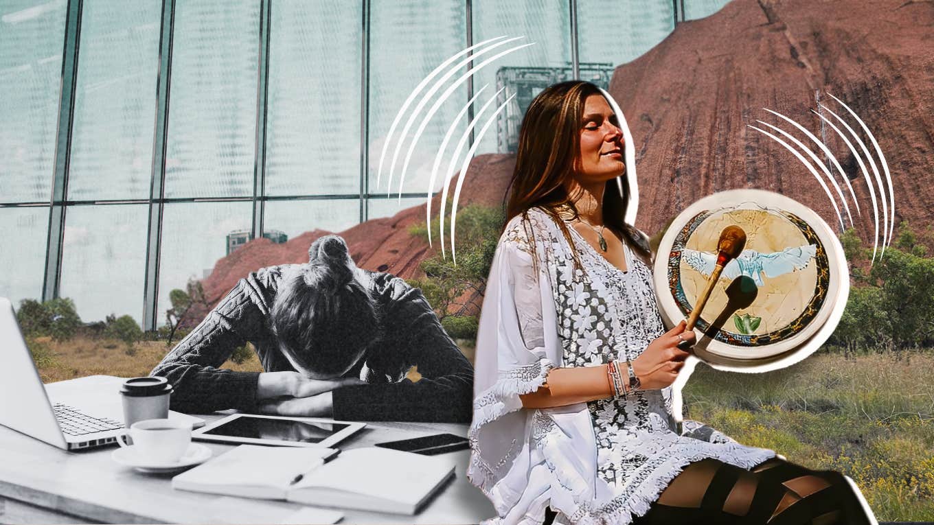 My Health Deteriorated Working Seventy Hours A Week. I Found The Cure In Peru. Fatigued unhappy woman at corporate desk, happy woman living the dream in Peru
