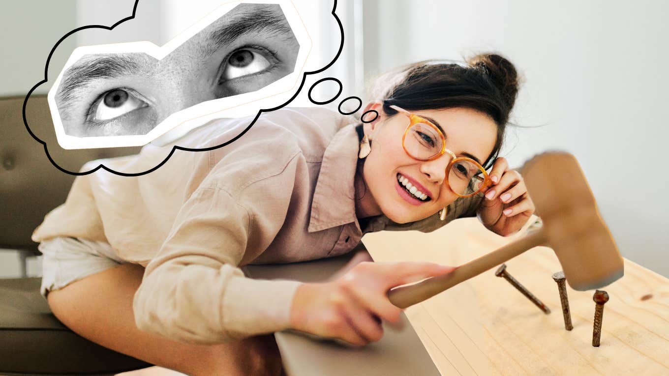 A "Last Straw" Moment That Often Puts The Final Nail In A Marriage Coffin Woman thinking off her husband rolling his eyes, putting the final nail in the marriage coffin