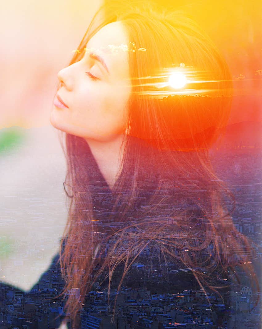 Double exposure sunset and calm woman after escaping emotional abuse