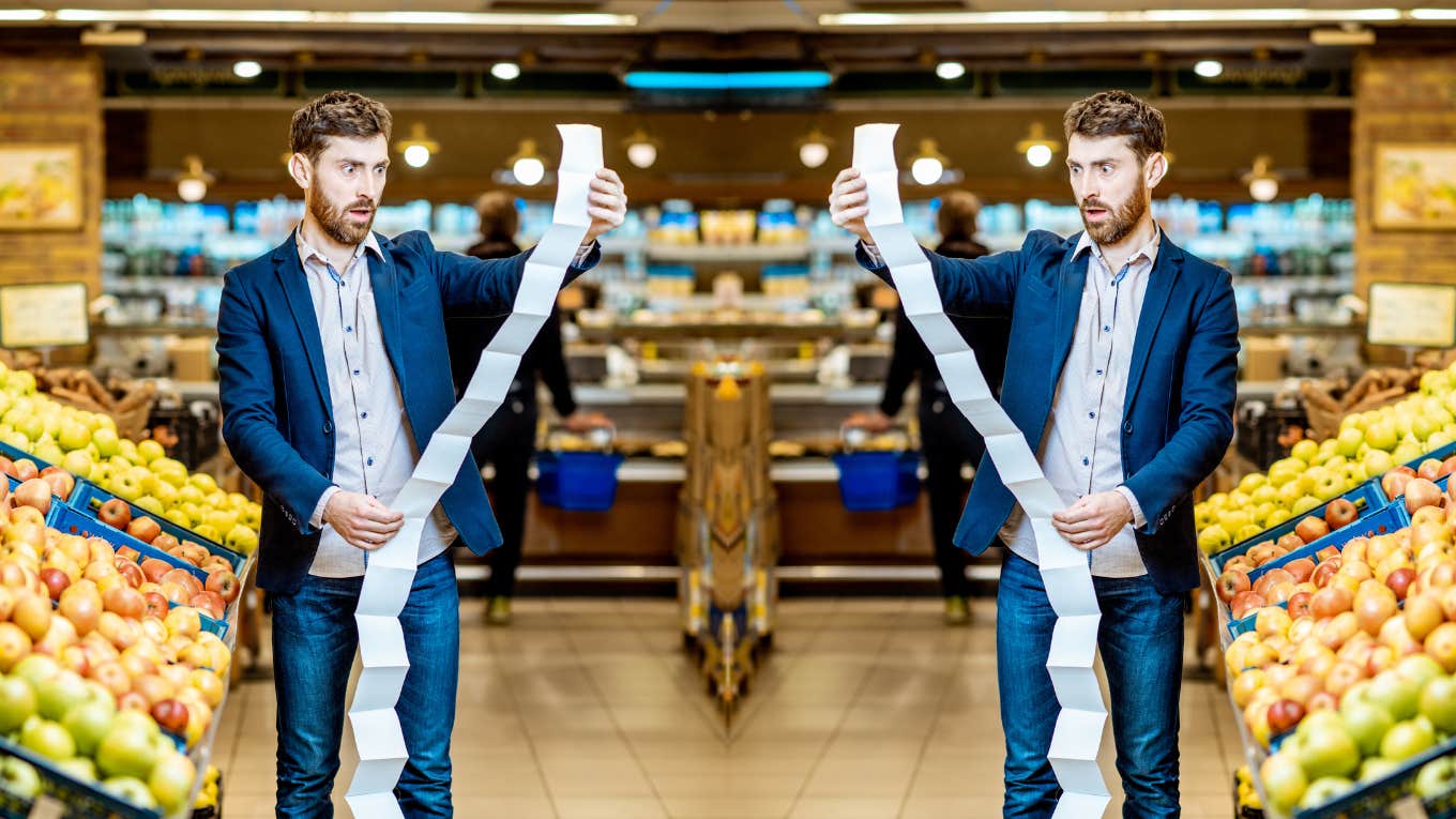 man shocked by grocery prices due to grocery price gouging