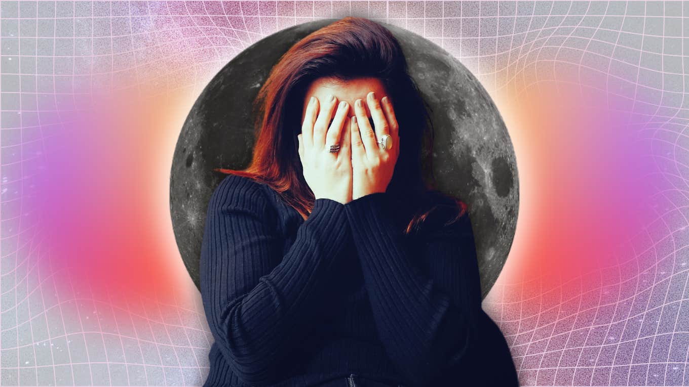 Astrologer Explains Weird Ways New & Full Moons Affect Your Physical Health woman with headache in front of full moon