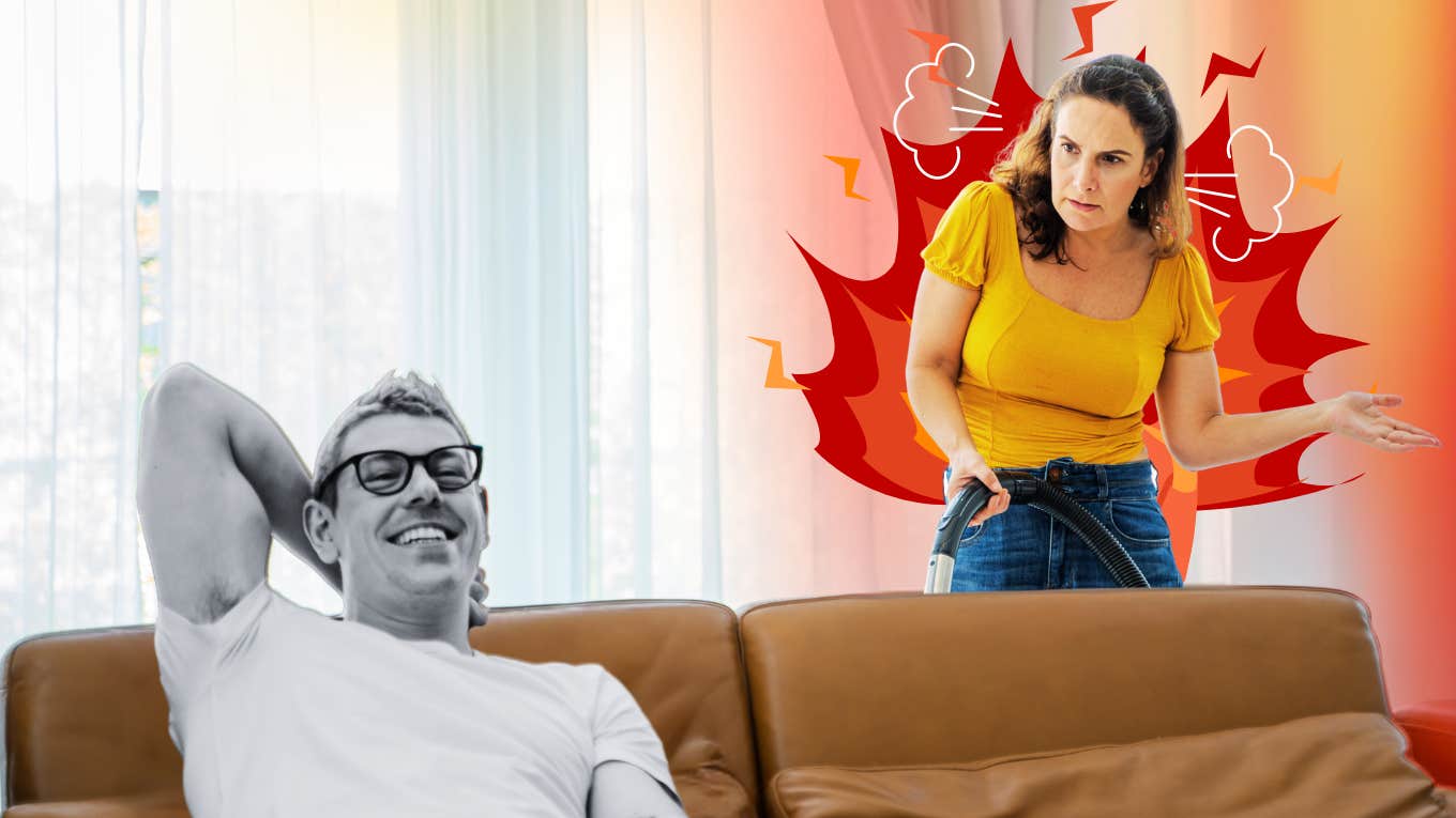 Why Your Wife Doesn't Tell You She’s Upset Before Exploding Woman exploding with anger at husband casually sitting on couch