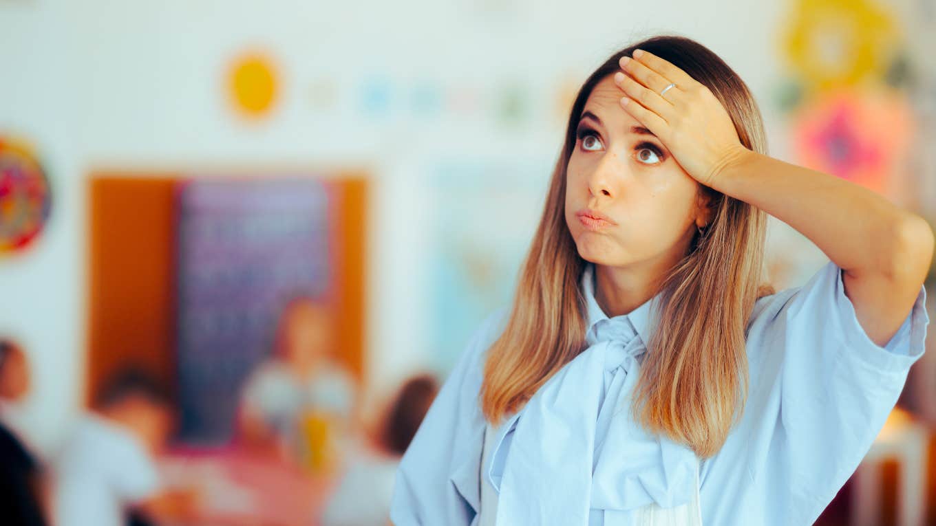 Parent Complained After Teacher Declined His Friend Request stressed, upset teacher in classroom