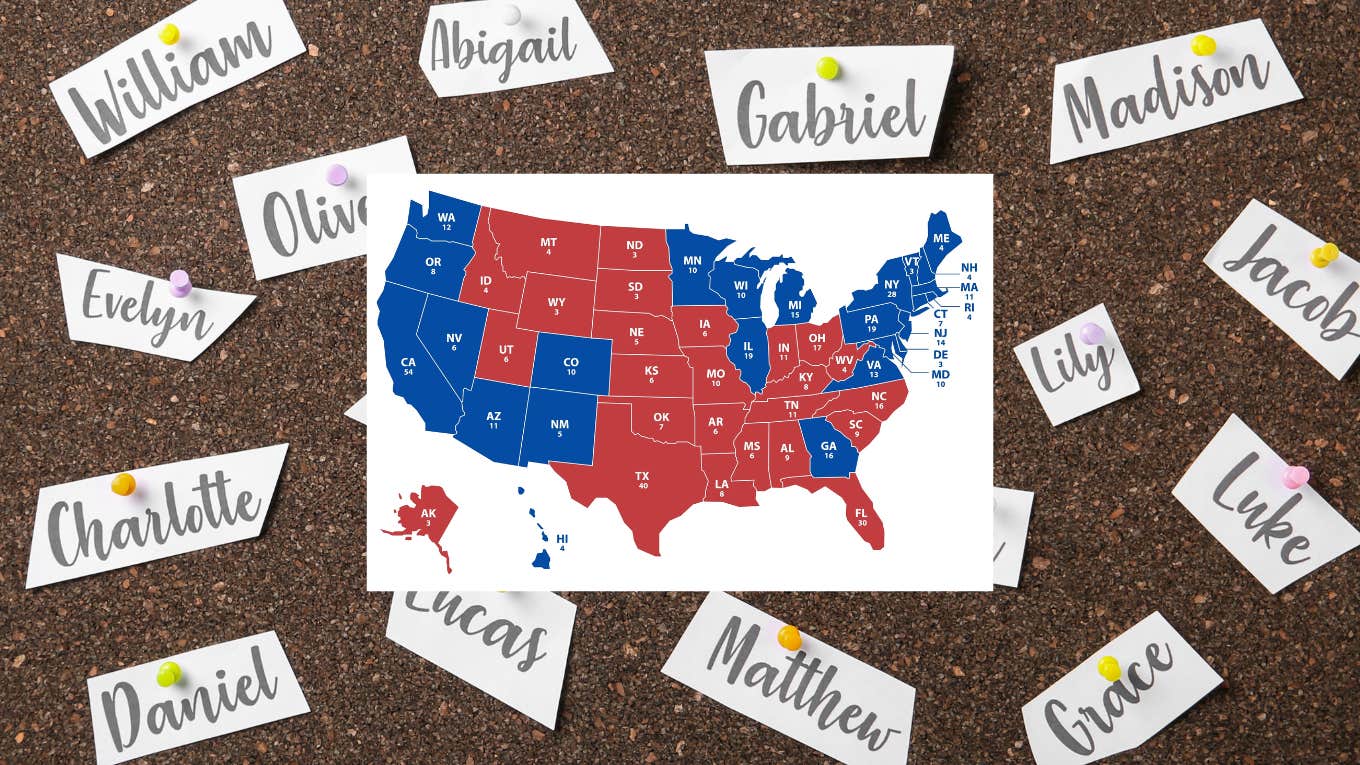 Parents In Red & Blue States Name Babies Differently, Study Shows baby names with red state and blue state map