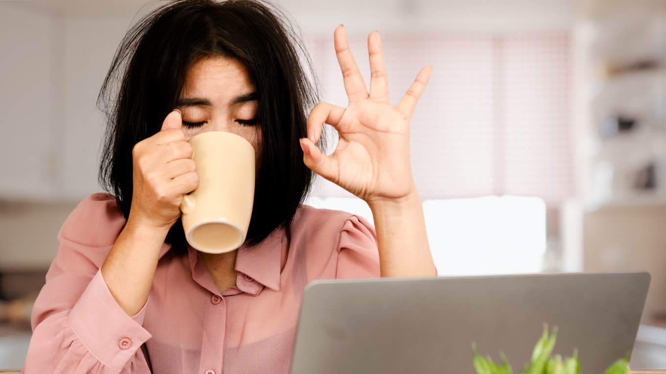 How I Almost Obliterated My Career Without Even Realizing It Woman telling herself she's okay, workaholic