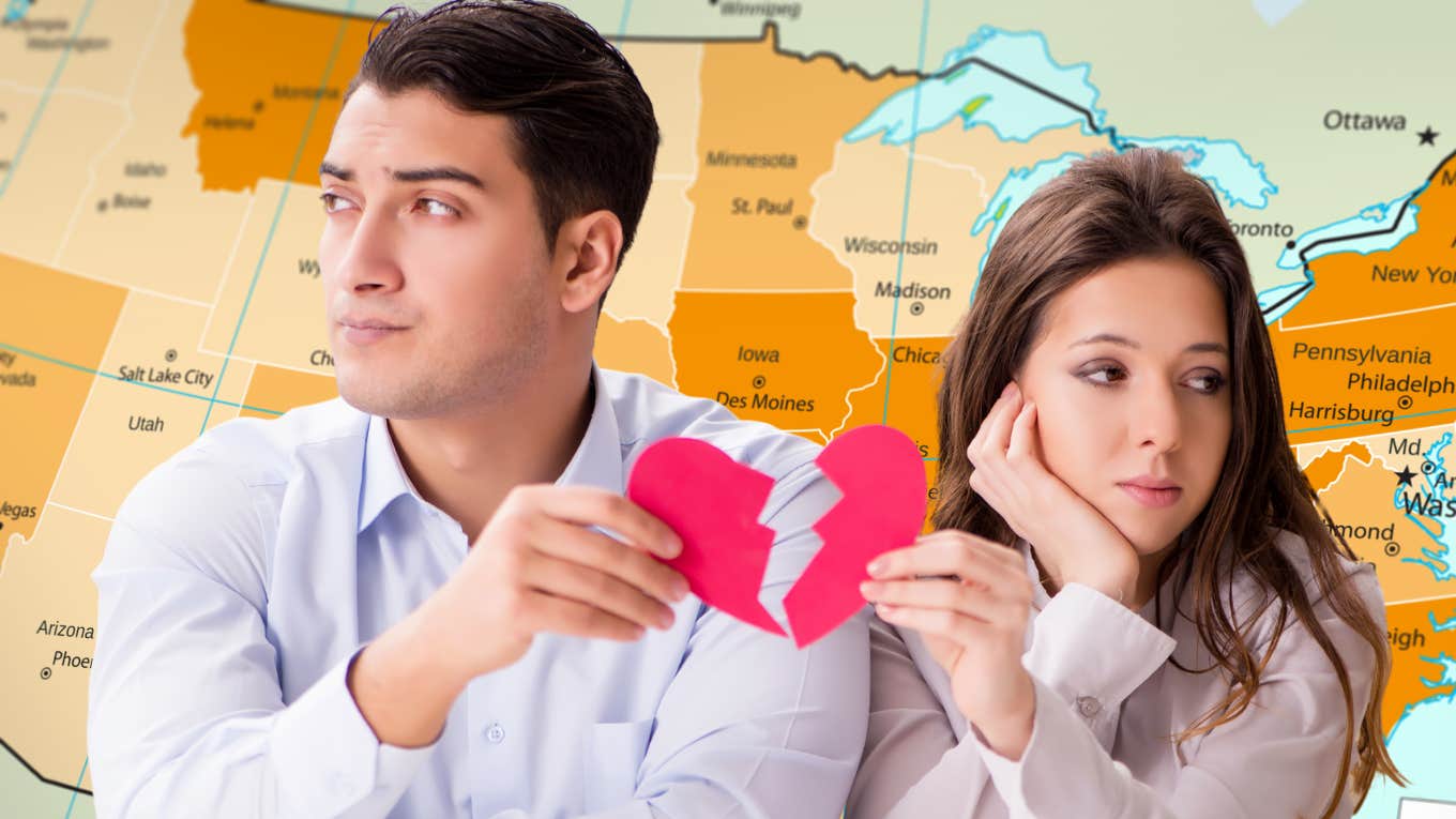 5 States Where Couples Are Least Likely To Divorce, According To A 2024 Study divorcing couple and US map