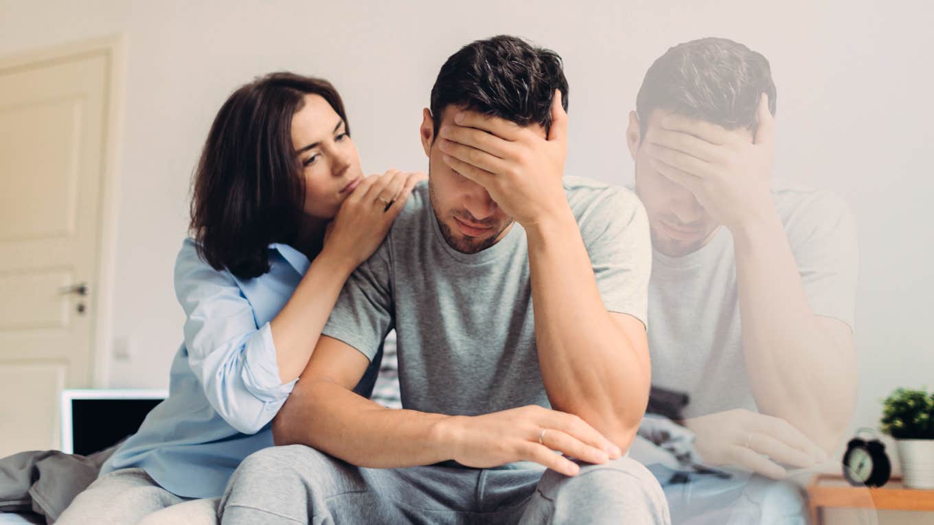 How My Partner's Anxiety Became An Invisible Third Wheel In Our Relationship Woman comforting partner and the invisible third wheel of his anxiety