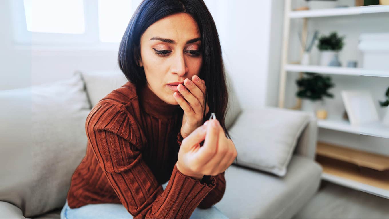 Some People Come Into Therapy With A Secret — 'I've Never Been In Love With My Spouse' woman sitting on therapists couch realizing she's never been in love with her spouse