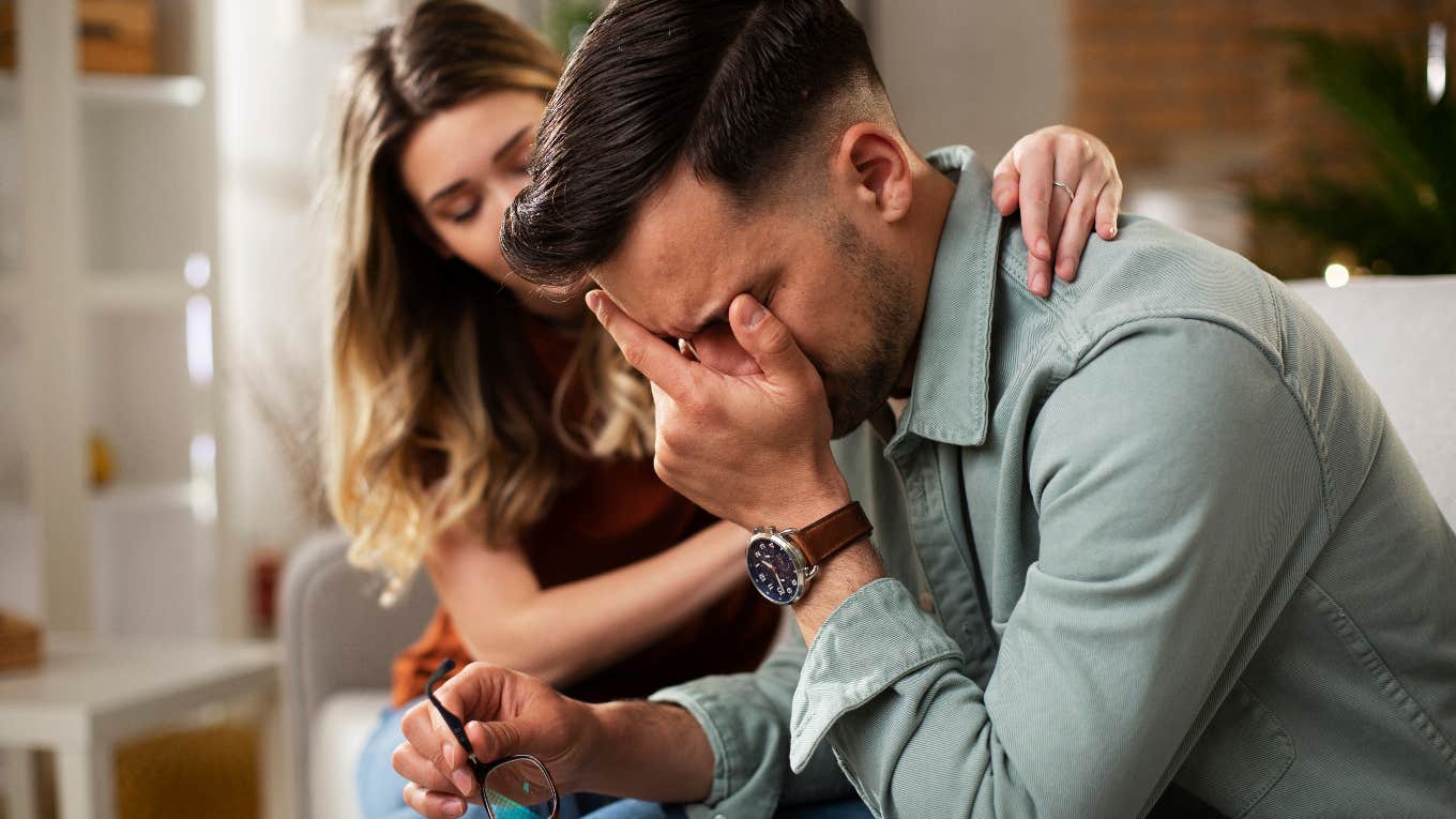 Woman Tells Her Friend She 'Got The Ick' When Her Fiancé Cried Woman comforting her fiancé while he cries