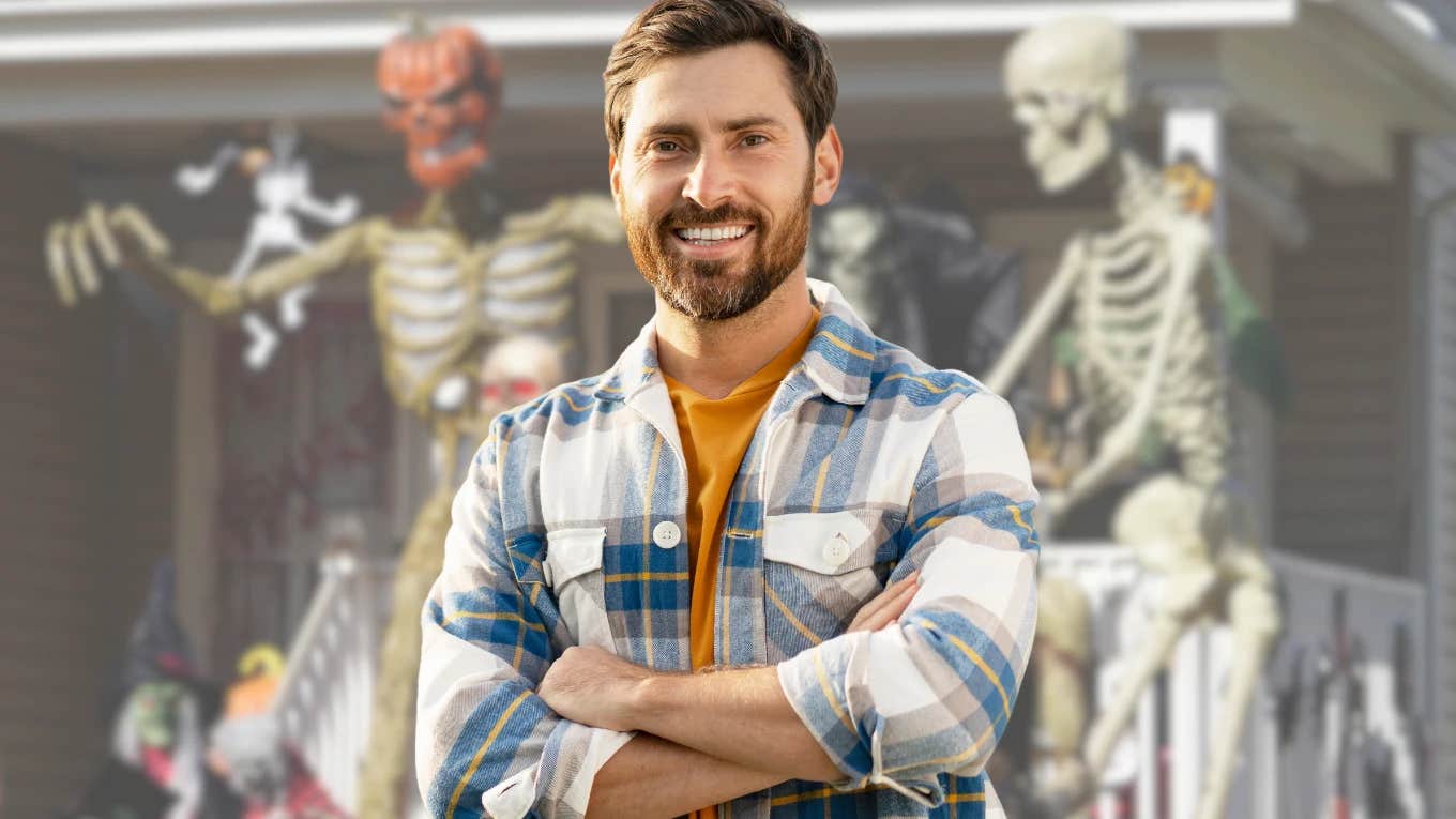 Women In Radiation Treatment Sends Letter To Homeowner With Skeleton Decorations Man standing in front of skeleton Halloween home decorations